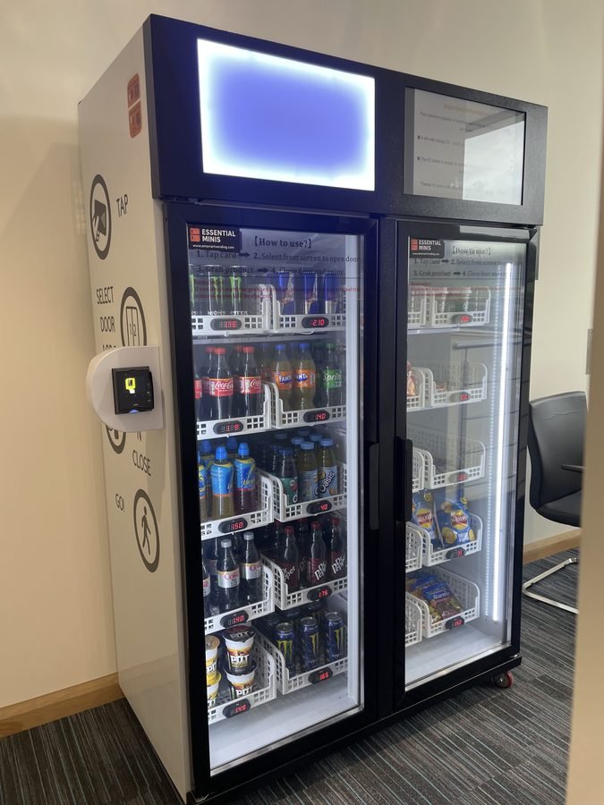 Smart fridge vending machine with tap grab and go instructions and contactless card reader