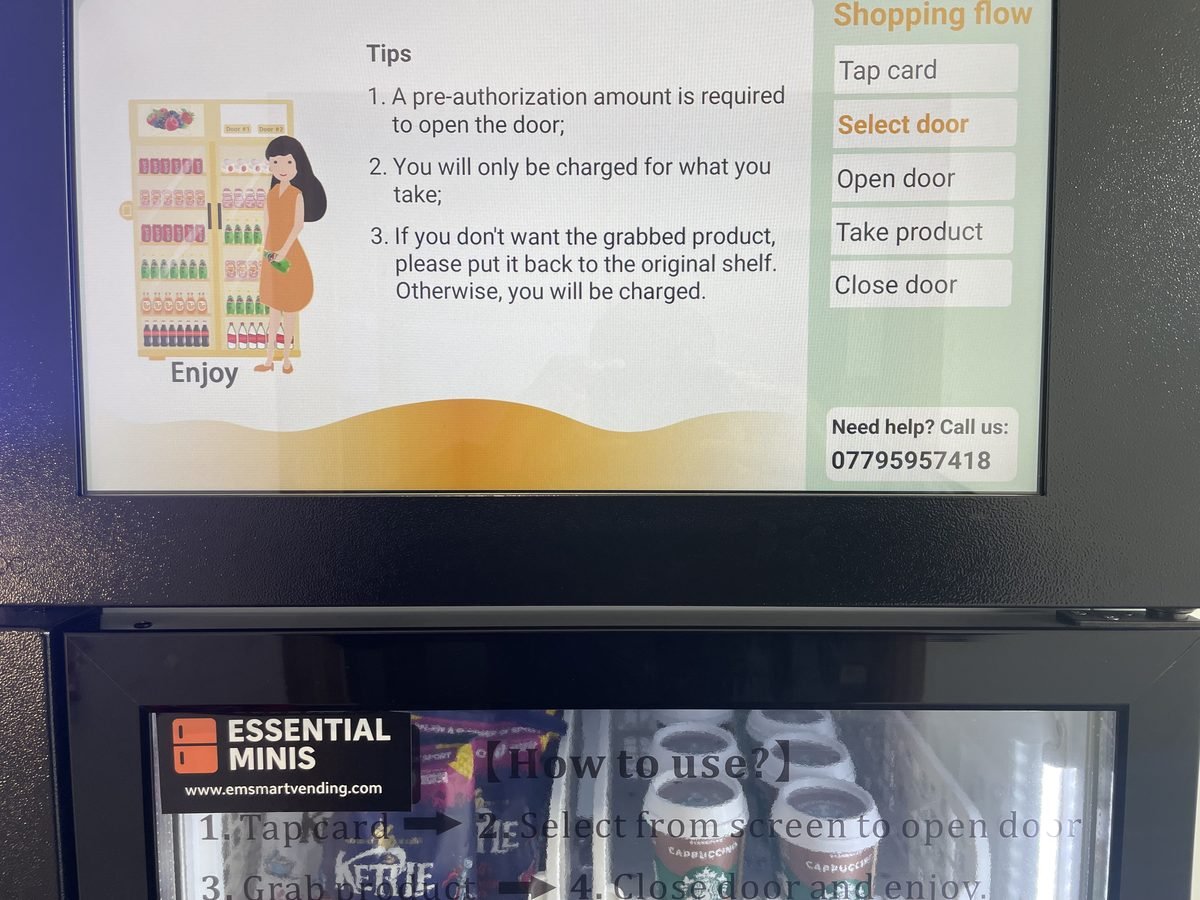 Smart vending machine touchscreen showing how to use instructions