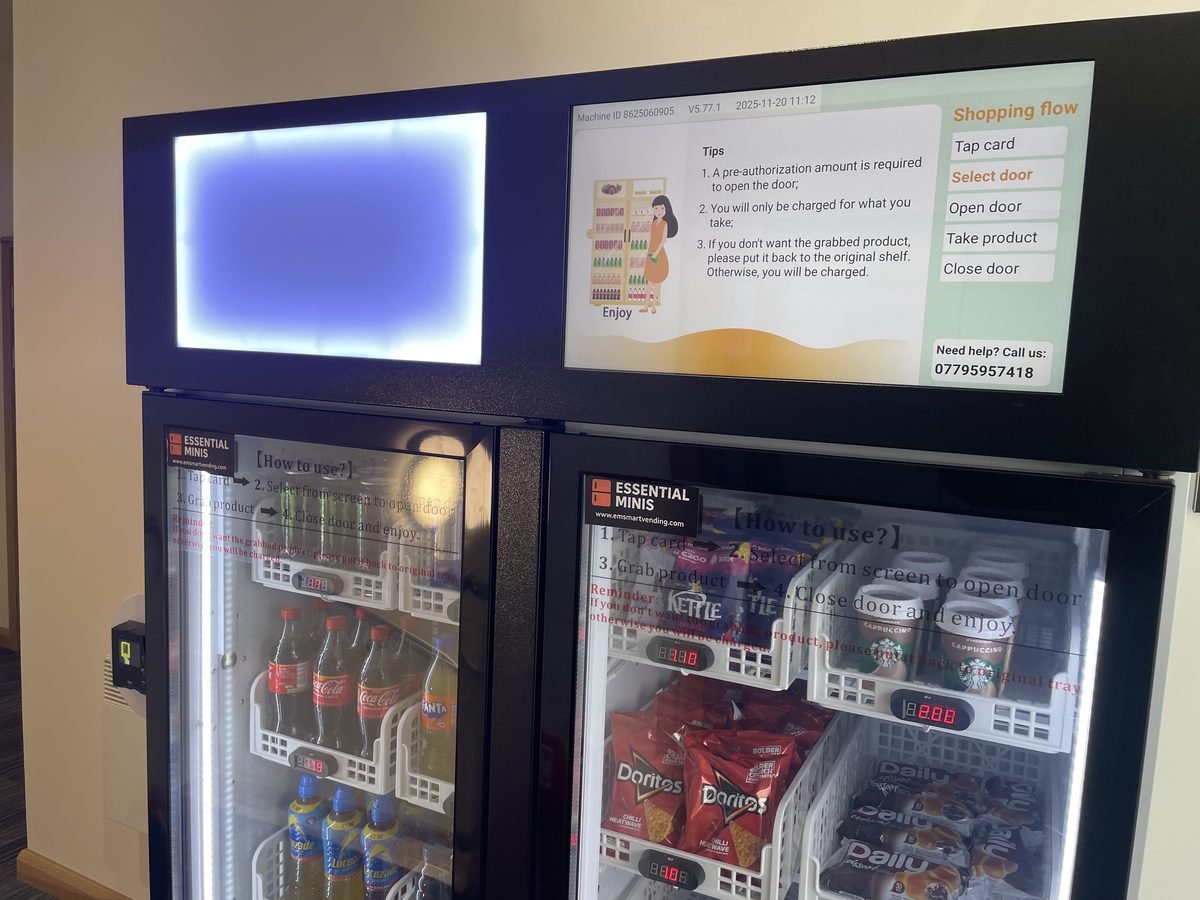 Smart vending machine touchscreen showing tap card shopping flow