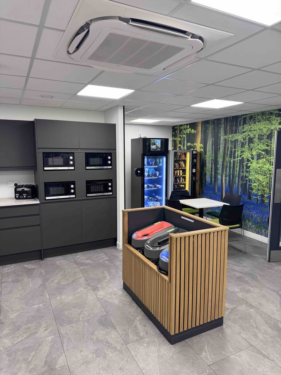 EM Smart Vending machine installed in Kempf breakroom with microwaves and kitchen facilities in Bedfordshire workplace